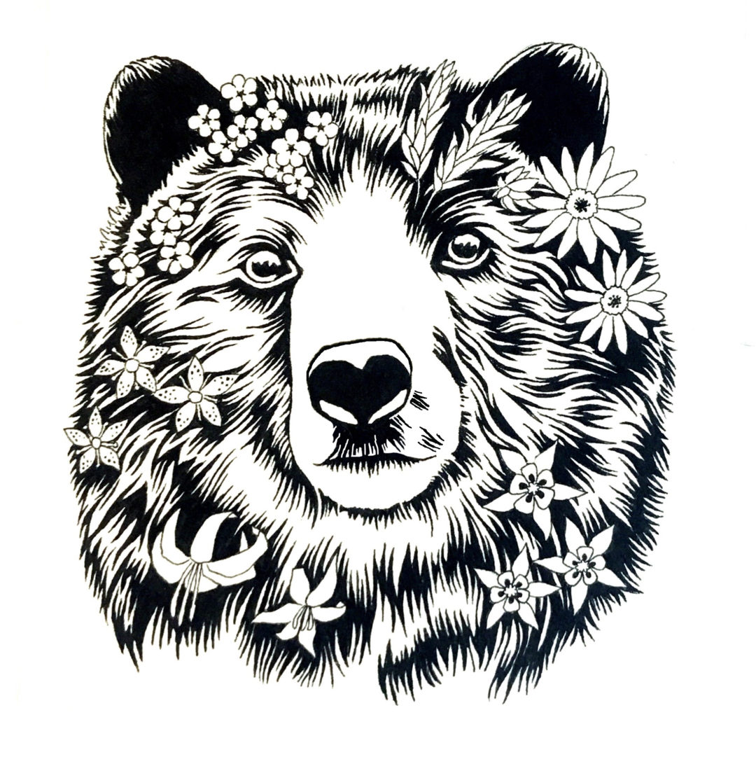 Graphic illustration of a bear with Flowers for the GO JH logo | Respect Jackson Hole Wildlife | Being Wild JH